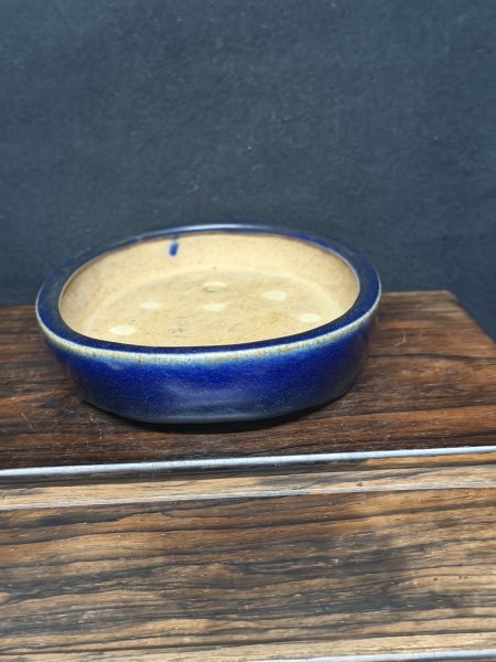 Photo3: No.MH6801  Heian Kozan 1st, Blue, oval 瑠璃楕円鉢 (3)